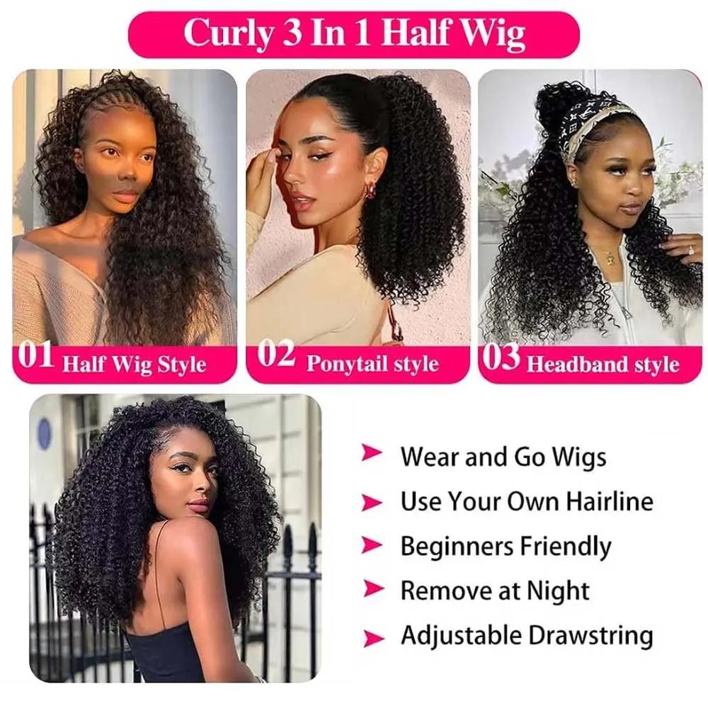 [3 IN 1 Half Wig] Deep Wave Seamless Flip Over Half Wig Human Hair Kinky Curly Invisible Hairline Glueless Beginner Friendly Curly Wigs for Women With Drawstring