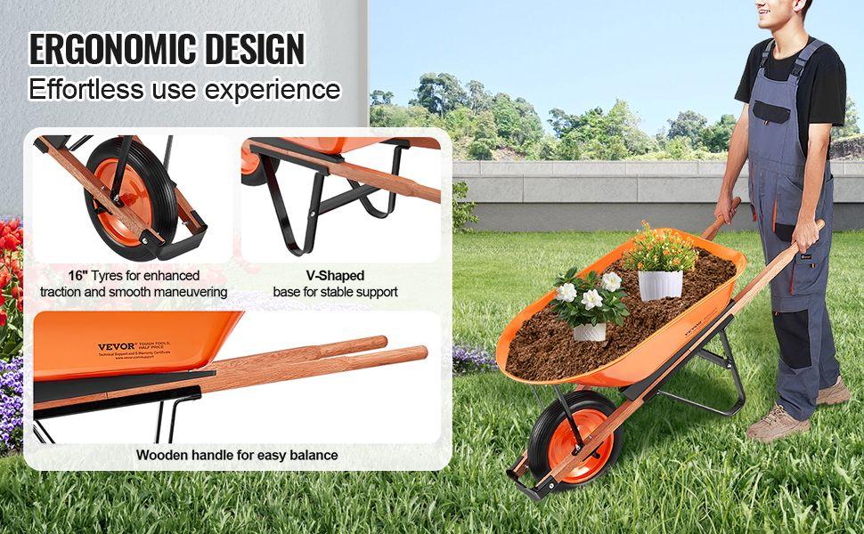 VEVOR Wheelbarrow Cart, 5 Cu. Ft. Load & 265 lbs Capacity, One Wheel Garden Dump Cart, Garden Wagon with Metal Handle & 16" Wide Track Wheels, Easy Loading Utility Yard Cart & Wagons for Lawn Farm