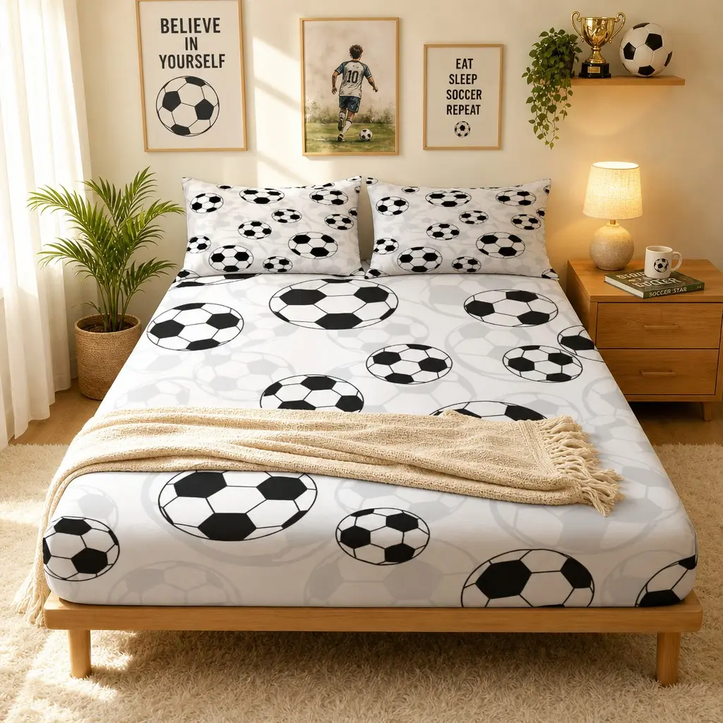 3pcs Football Print Bed Sheet Set, Mattress Protector, Breathable, Non-Slip, 100% Polyester, Includes Pillowcase, All Seasons, Printed Bedding Set
