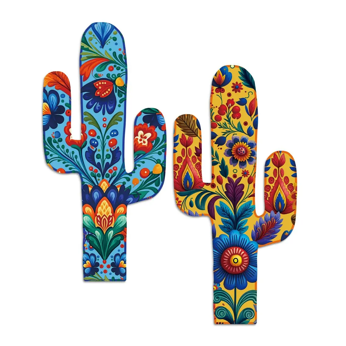 2 Pack Mexican Floral Cactus Shaped Wooden Wall Sign, Vibrant Color Folk Flower Print Saguaro Cactus Wooden Wall Decor, Southwest Boho Printing Tropical Wooden Wall Plaque For Porch Kitchen Living Room Western Home Hanging Ornament Housewarming Gift