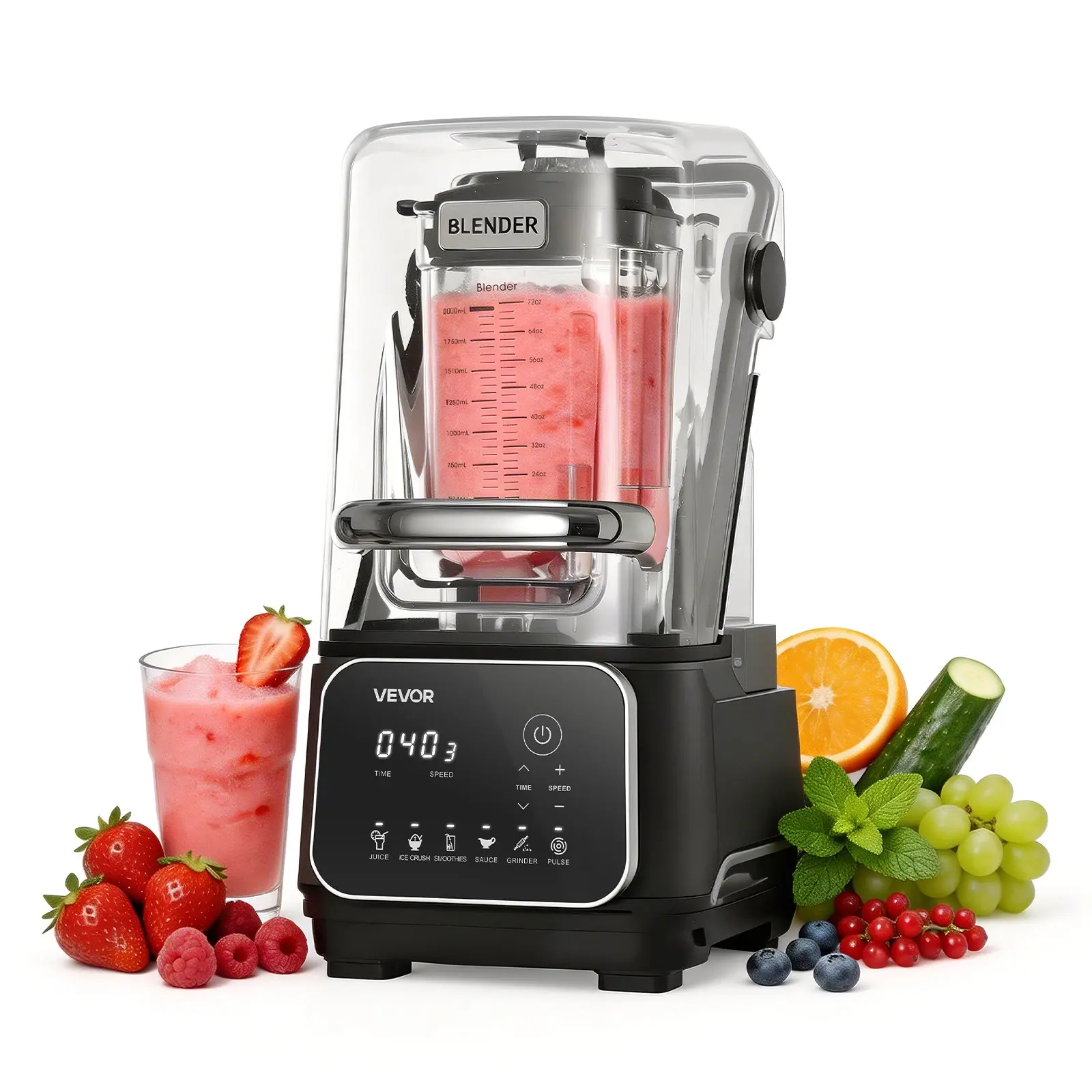 VEVOR Blender, 68 oz Professional Countertop Blenders with Shield, 2200W 26000RPM Kitchen Food Processor Combo, Self-Cleaning, Speed Adjustable, 6 Preset Menu for Smoothies, Ice Crushing, Puree, Black