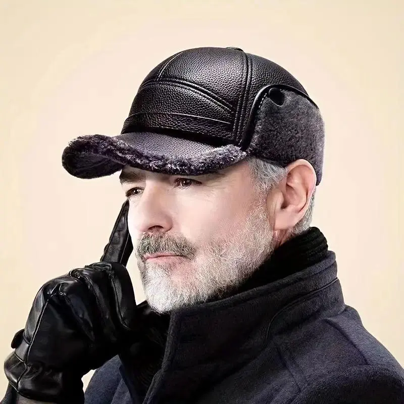 Men's Synthetic Duckbill Winter Cap, Street‑Style Hat with Faux Leather Ear Warmers, Sporty Street Edge Headwear for Outdoor Leisure