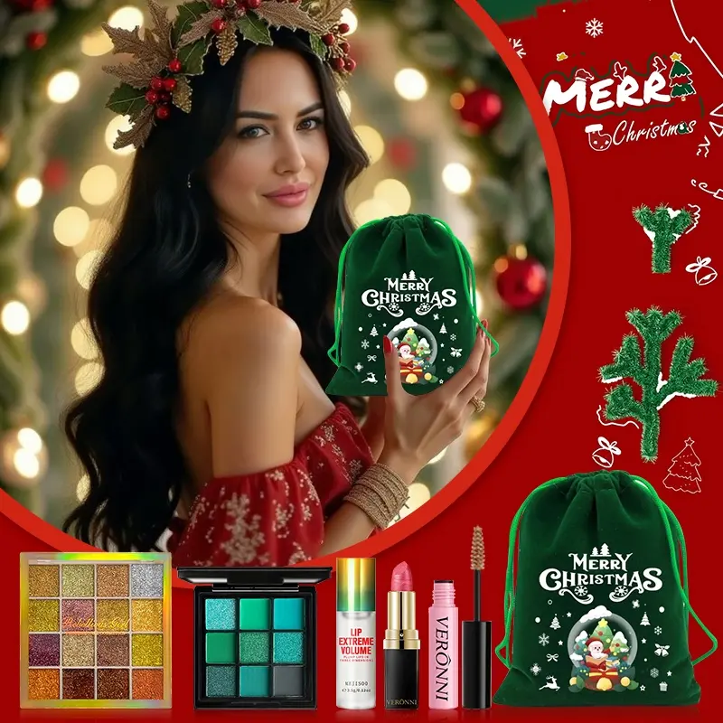 Christmas Limited Edition Makeup Gift Set, 5-Piece Holiday Beauty Kit, Velvet Pouch, Perfect for Christmas Gifts