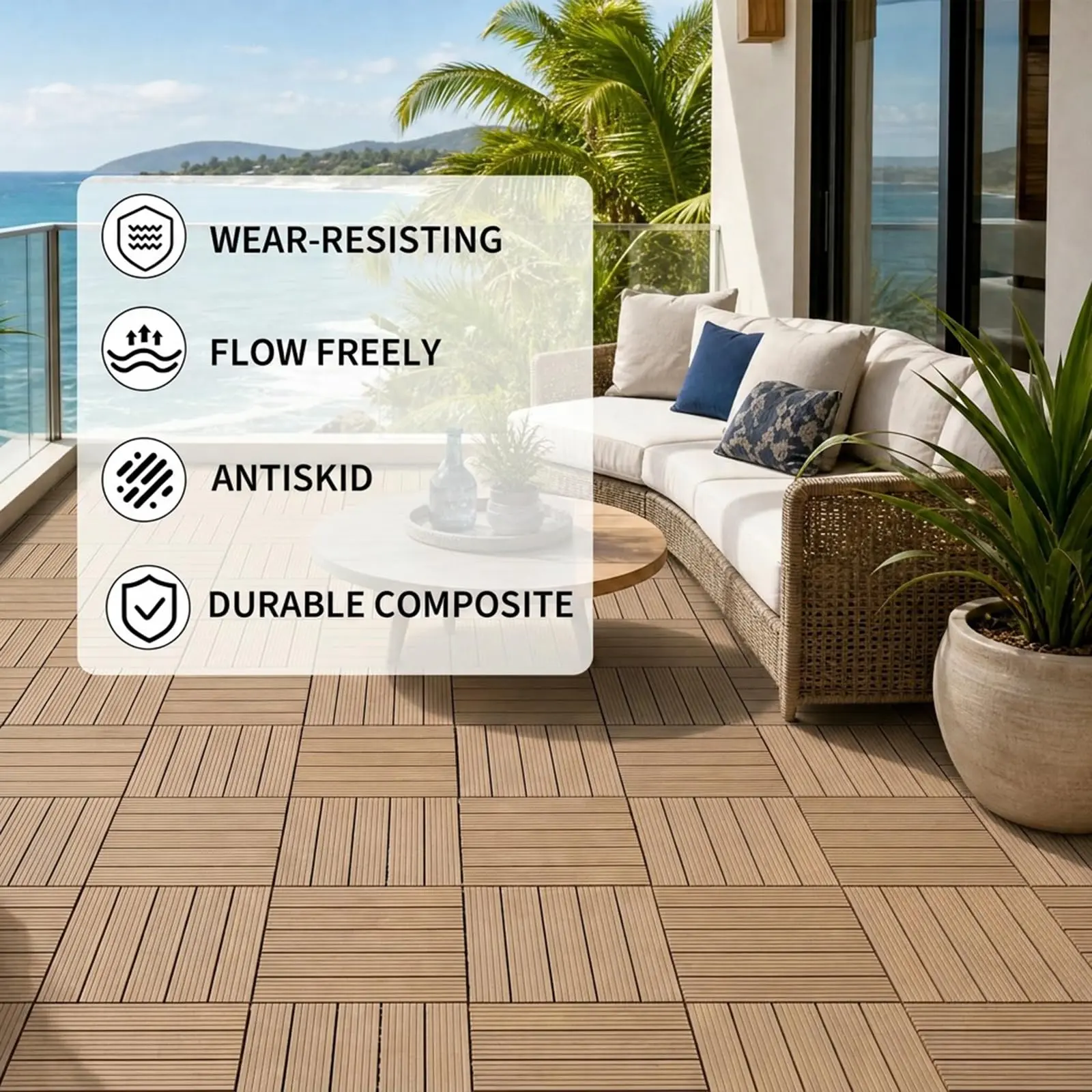 GAOMON Interlocking Deck Tiles 10 Pack, 12" x 12" Wood Plastic Composite Outdoor Flooring, DIY Snap-Lock Patio Deck Tiles for Balcony, Garden, Poolside, Porch & Walkways, Gray