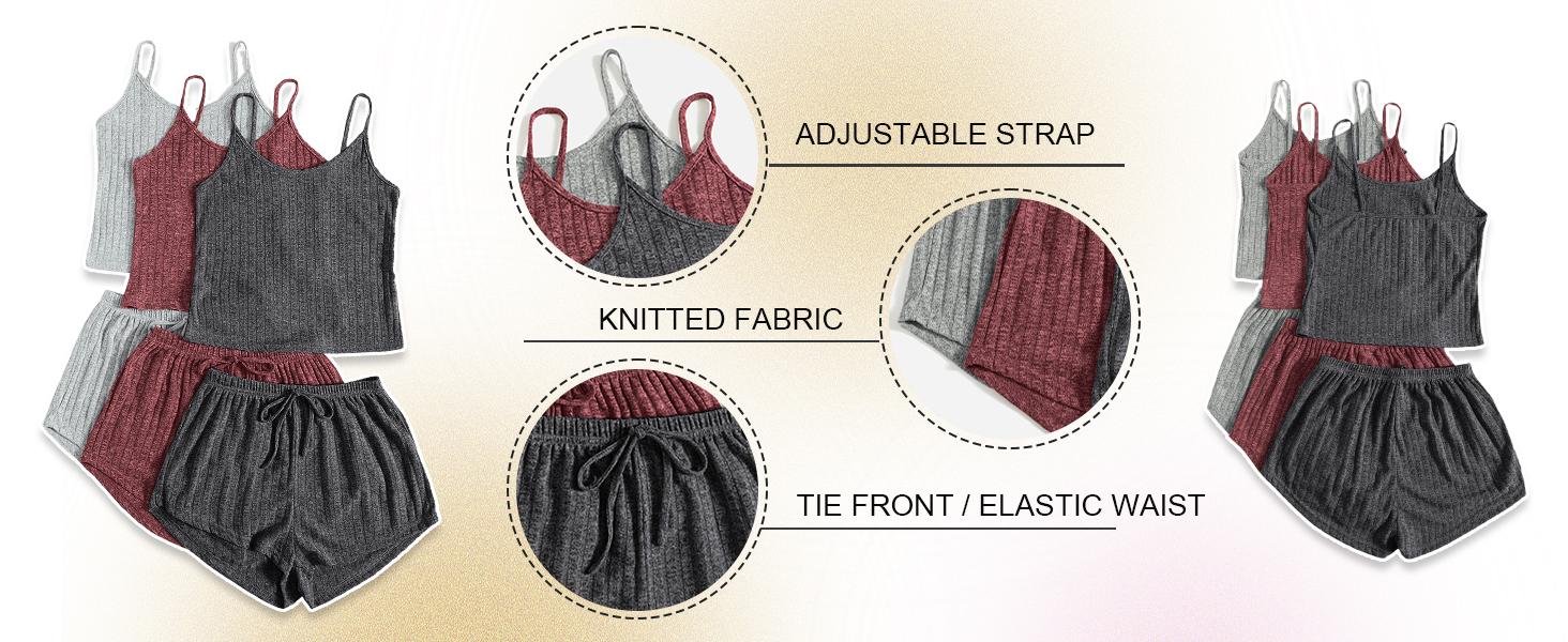 Women's 3 Sets Ribbed Pajamas Set Sleeveless Crop Top and Tie Front Shorts Lounge Set Sleepwear Loungewear