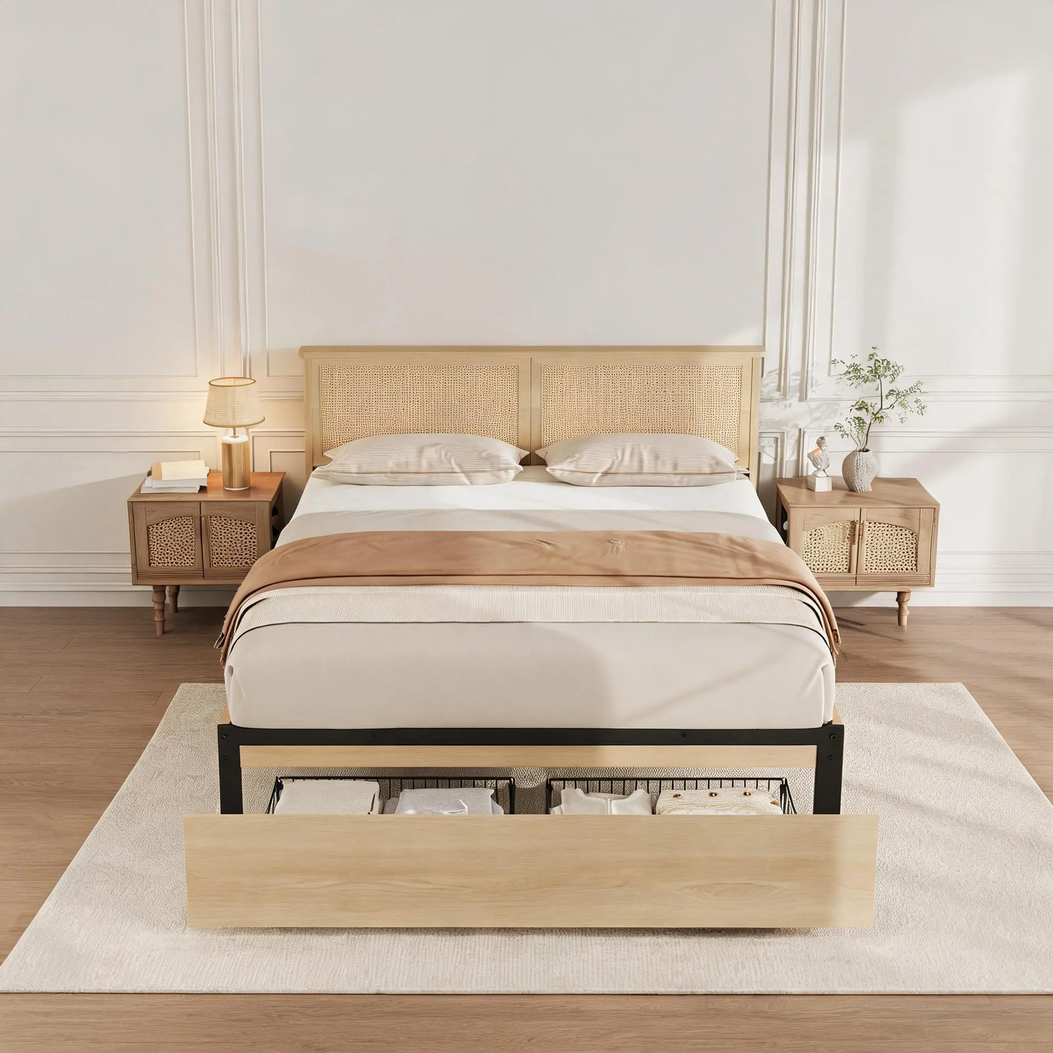 Garvee Boho Rattan Platform Bed Frame with Cane Headboard - 2 Underbed Storage Drawers - Strong Wood Slat Support, Noise-Free - No Box Spring Needed - Natural Oak Finish