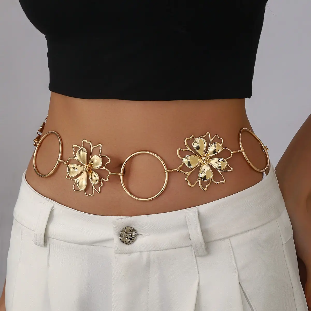 Vintage Metal Waist Chain for Women, High-End Body Chain, Navel Chain, Floral Belt Accessory