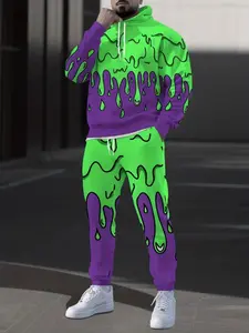 Hip Hop Style Liquid Graffiti Digital Print Sports Set, Unisex Drawstring Hooded Long Pants, Casual Loose Fit