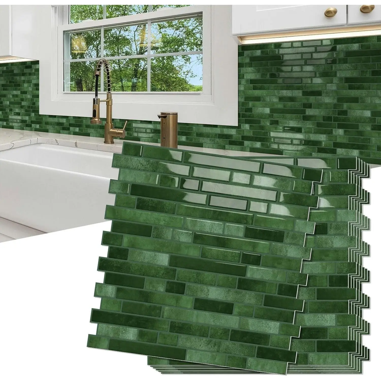 Thick 3D Self-Adhesive Backsplash Tiles for Kitchen - 10-Sheet Waterproof Peel-and-Stick 12in×12in Green Backsplash Tiles for Bathroom, Backsplash Kitchen
