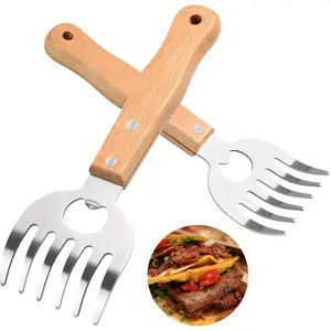 2pcs Bear Claw Chicken Shredder Tools, Stainless Steel with Long Wooden Handles & Bottle Opener Function; Perfect for BBQ Meat Tearing, Shredding, Handling, Lifting & Plating