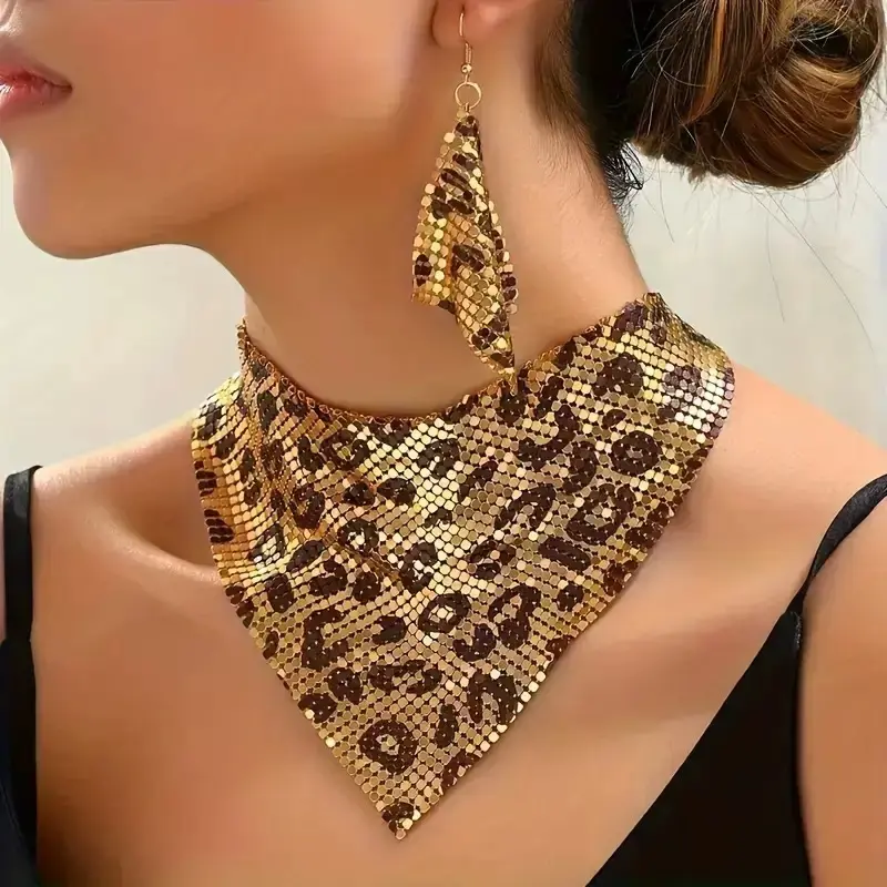 Statement Jewelry Set with Leopard Print, Women's Sequin Embellished Alloy Necklace and Earrings for a Party-Ready Look with a Unique Flair, Alloy Metal