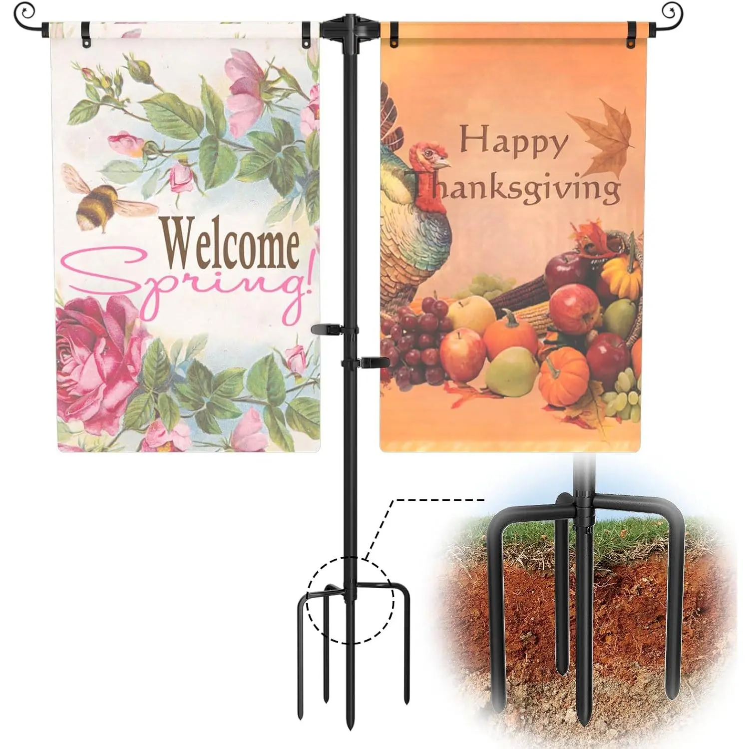 Garden Flag Stand Holder, with 4-Prong Base for Double 12 x 18 Flags | 37 Inch Yard Flag Holder 3/4 Inch Extra Thick Heavy Duty for Displays Two Seasonal Banners, Anti-Wind Clips for Outside Decor