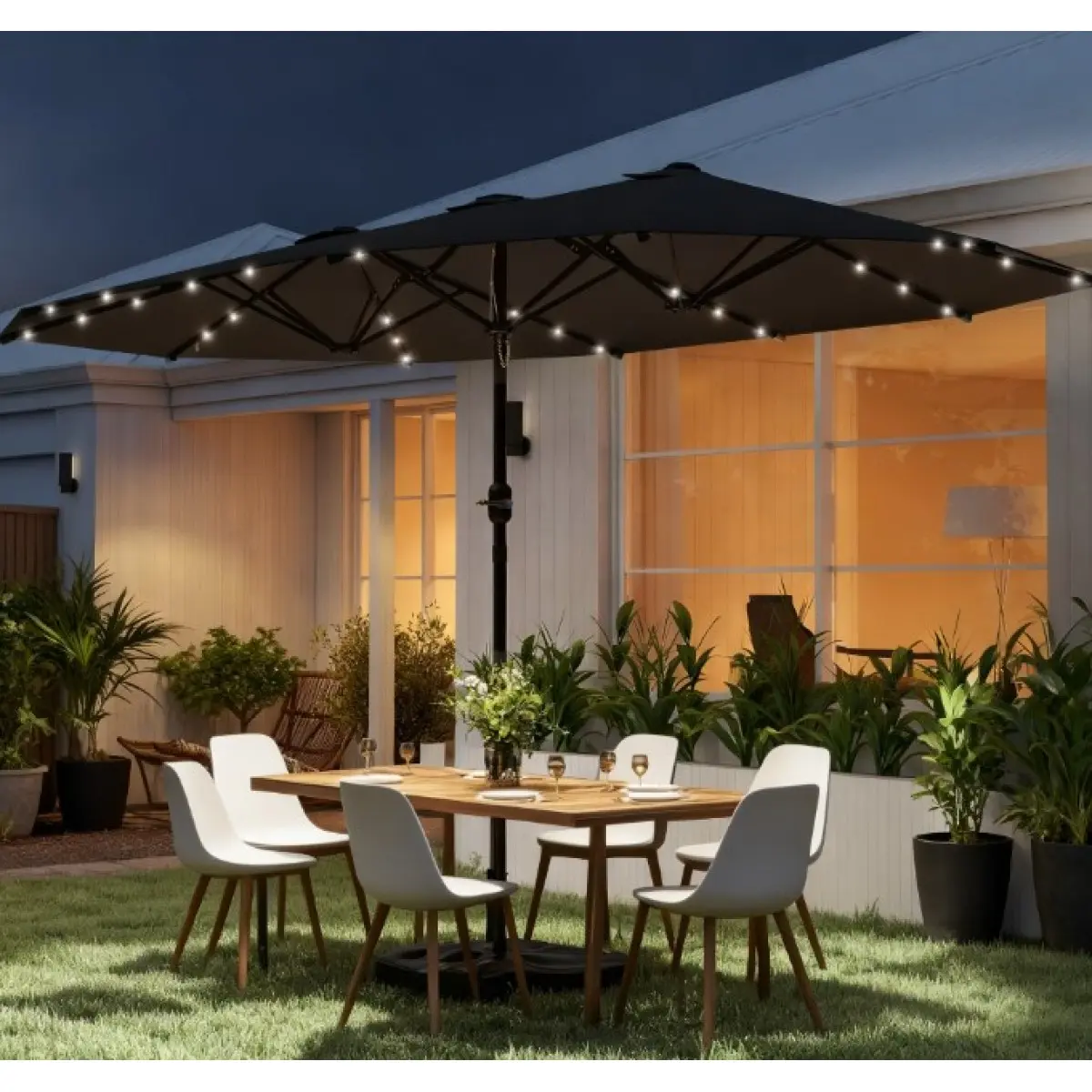 AobtkelEasy to Use Double-Sided Parasol with Base,Patio Parasol with LED Solar Lights,Parasol Double-Sided Sun Umbrella On-Site