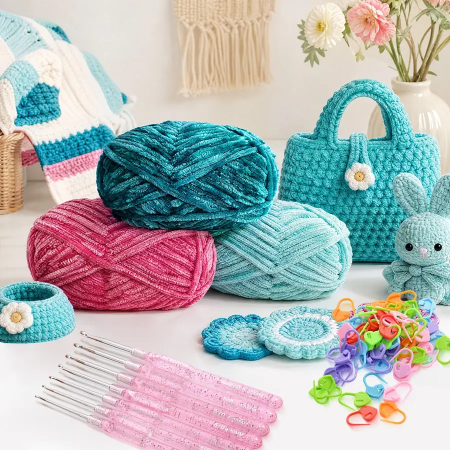 3 skeins of chenille yarn set, 7 crochet hooks, 30 stitch markers – beginner DIY scarf and toy kit, Knitting Supplies