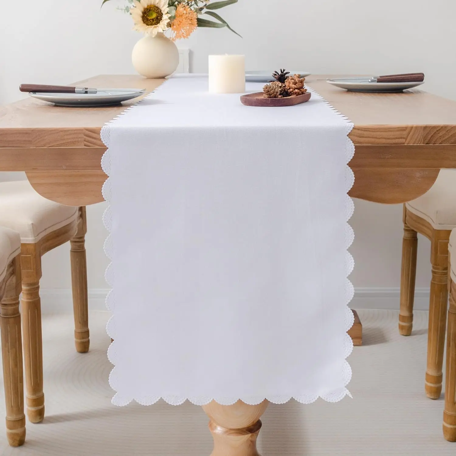 Solid White Farmhouse Scalloped Table Runner Washable Polyester Cute Everyday Decorative Table Runners 72 Inches Long for Dinner Birthday Wedding and Party 13x72 Inchs
