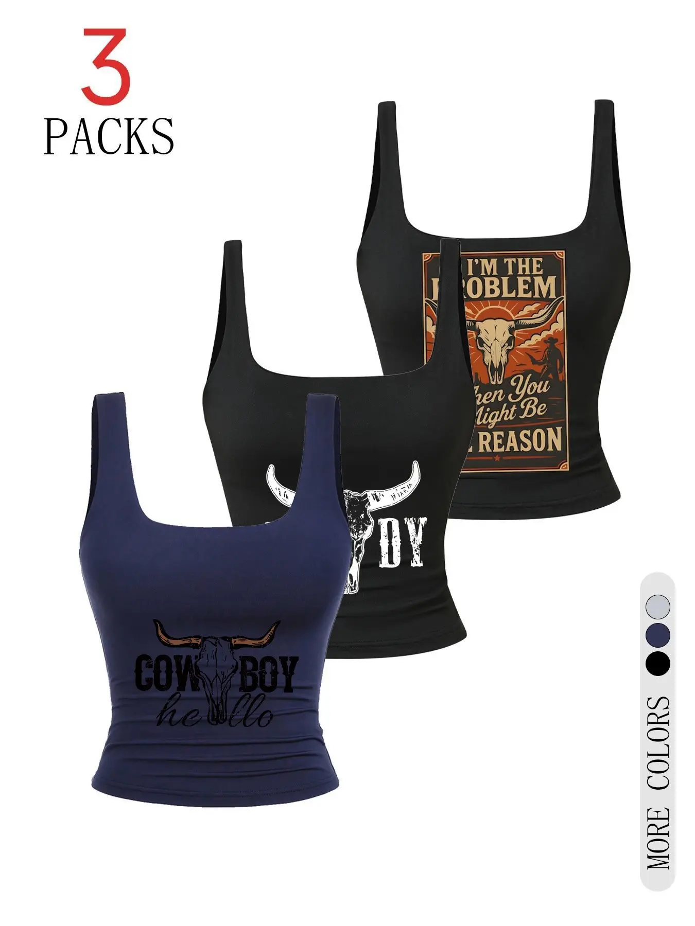 3-Pack Sexy Slim-Fit Crop Tops, Soft & Comfortable Fabric, Ideal for Daily Wear, Shopping, Sleepwear, Summer Fashion, Bull Poster Print Design
