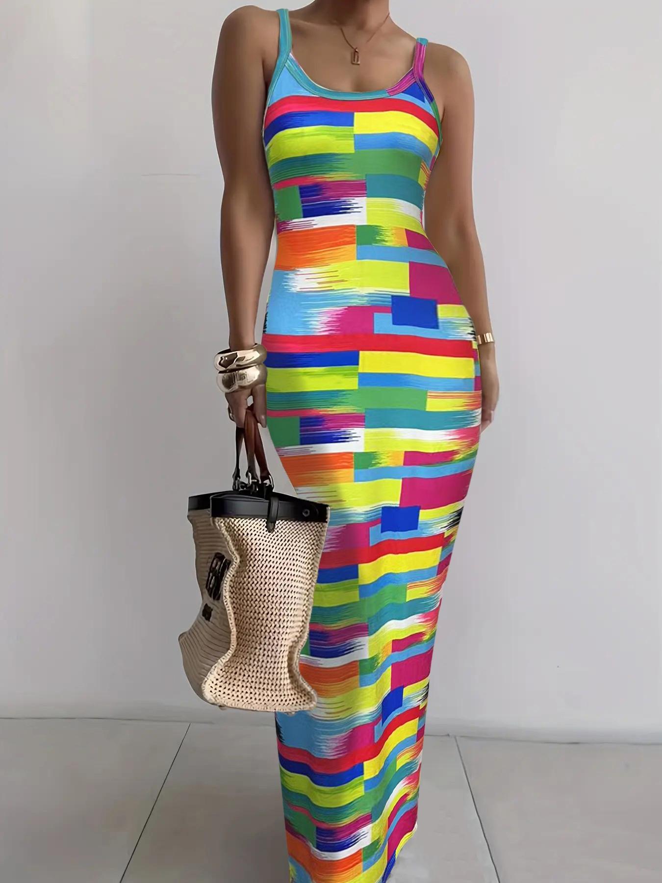 Women's Random Print Bodycon Dress, Elegant Sleeveless Long Dress for Beach Holiday Vacation, Ladies Summer Clothes, Sun Dresses, Casual Wear