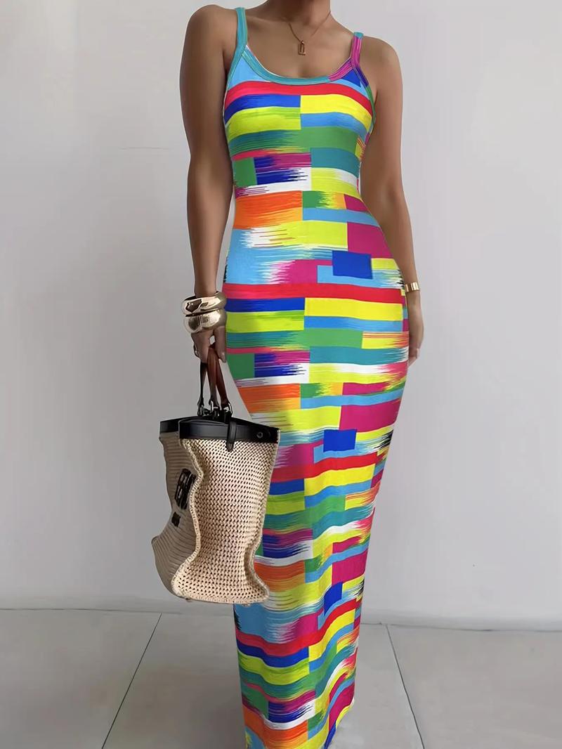 Women's Random Print Bodycon Dress, Elegant Sleeveless Long Dress for Beach Holiday Vacation, Ladies Summer Clothes, Sun Dresses, Casual Wear