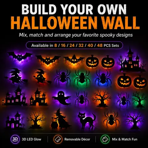 Halloween 3D LED Wall Lights, Removable Glowing Bat Pumpkin Witch Spider Decorations, Spooky Light Up Wall Stickers for Home, Window, Door, Party & Halloween Decor