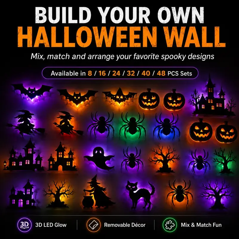 Halloween 3D LED Wall Lights, Removable Glowing Bat Pumpkin Witch Spider Decorations, Spooky Light Up Wall Stickers for Home, Window, Door, Party & Halloween Decor