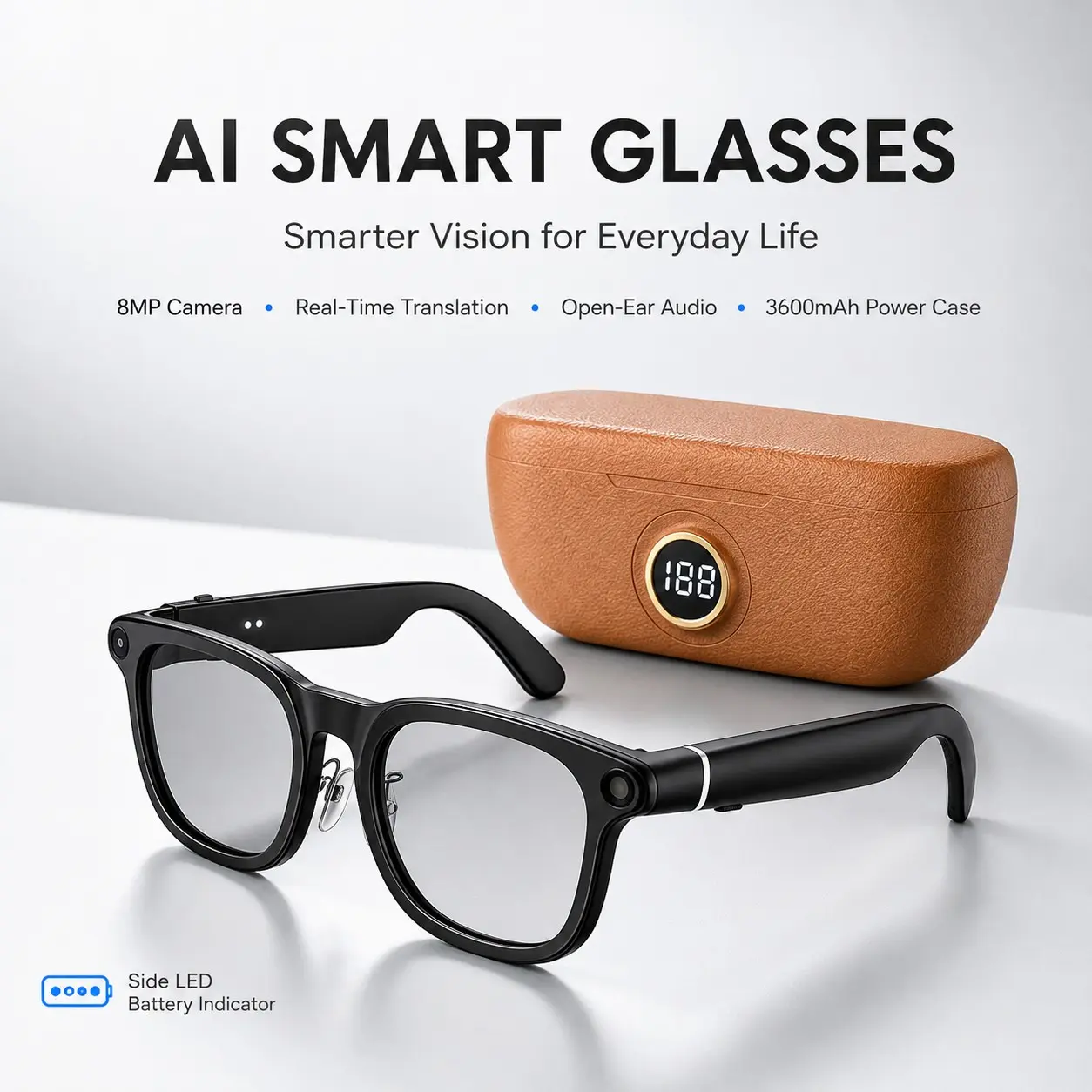 AI Smart Glasses with 8MP HD Camera, 100+ Language Real-Time Translation, Speech-to-Text, Open-Ear Audio, Dual-Mic Calls, WiFi Bluetooth 5.3, 220mAh Battery & 3600mAh Charging Case for Travel Meetings and Hands-Free Recording