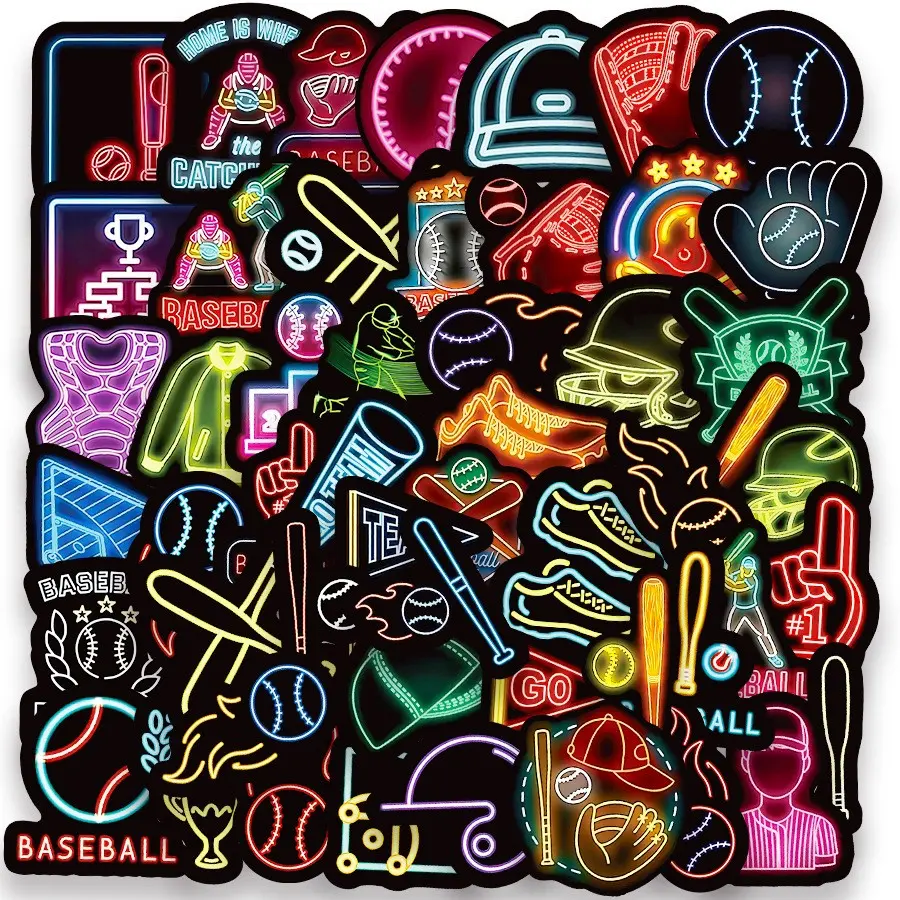 50 Neon Baseball Theme Waterproof Vinyl Stickers, Baseball Decor & Party Gifts, Suitable for Laptops, Water Bottles, Skateboards