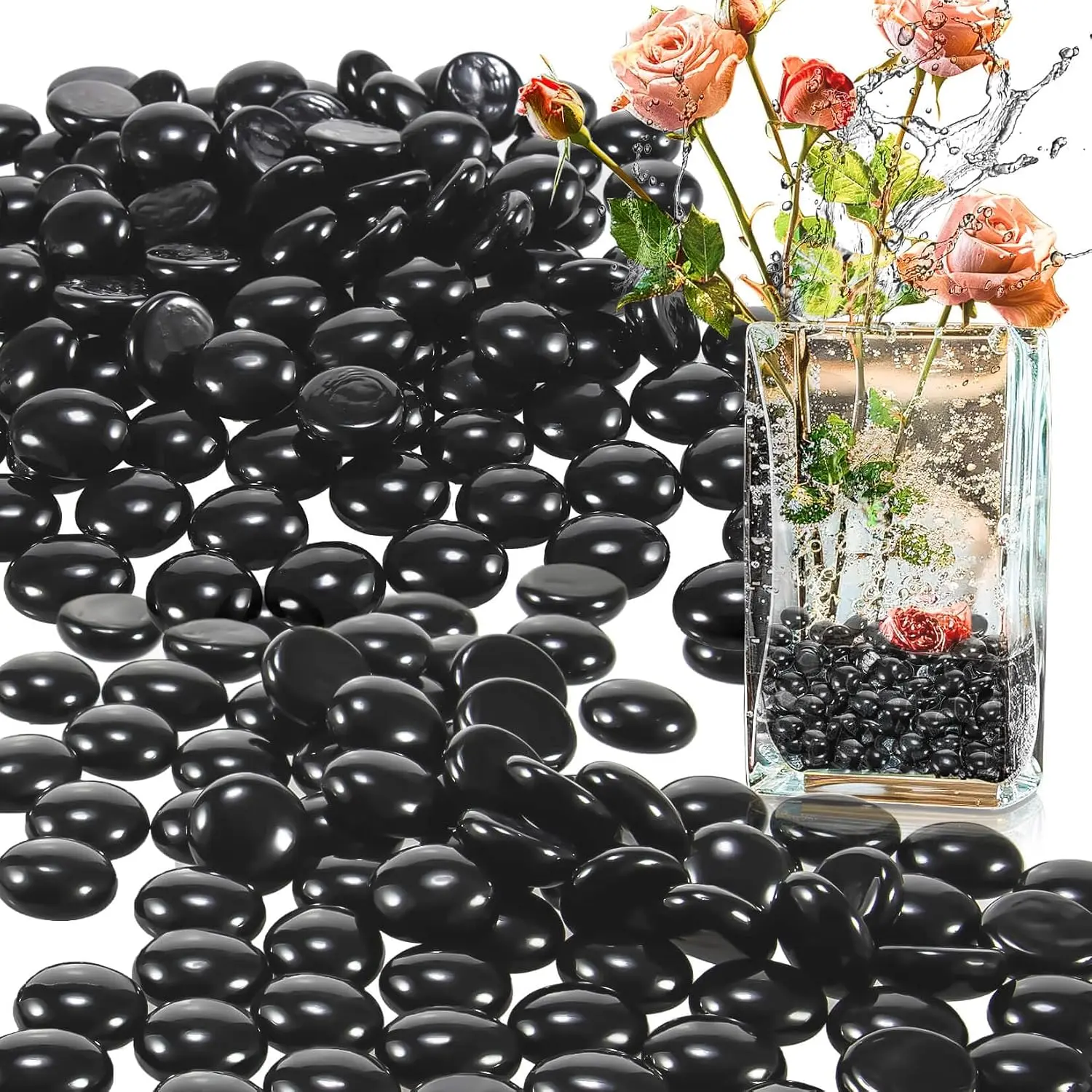 Flat Black Glass Marbles - Decorative Beads Glass Nuggets  Filler Vase,Scatter  Tables Stones Gas Fireplace Fish  Rocks for Various Craft Projects and  Decor Items
