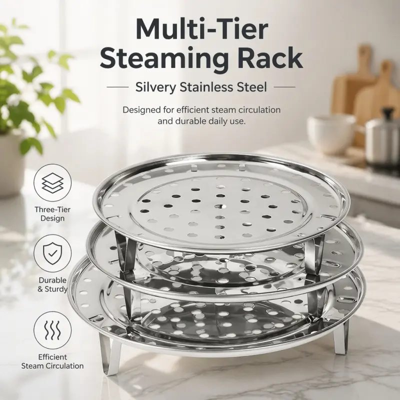 3Pcs Stainless Steel Steamer Rack Set, Thick Stackable Steaming Tray With Support Feet For Water Separation, Multi-size Fit For Various Cookware In Home Kitchen Cooking, Modern Kitchen Accessories, Kitchenware