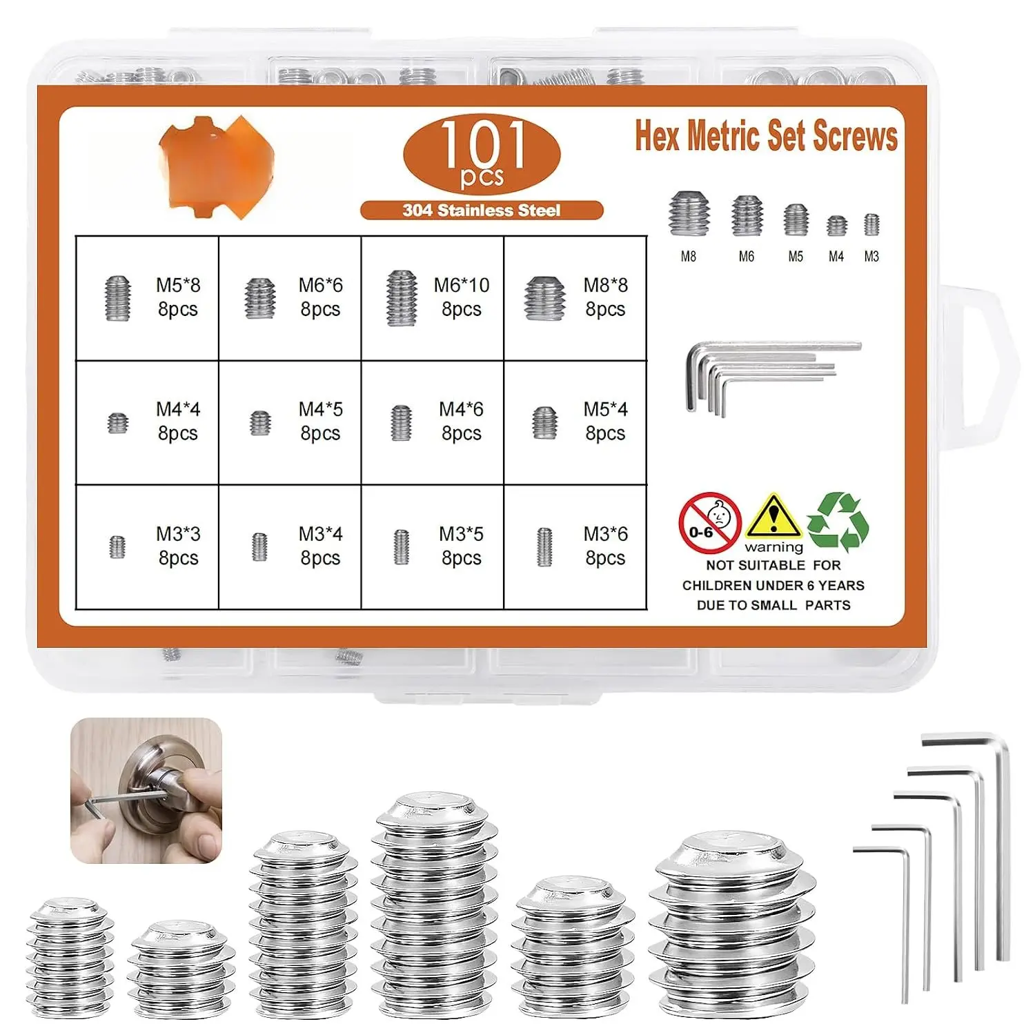 101 count 12 Size Set Screws Metric Set Screw  Kit 304 Stainless Steel  Socket Metric Sets Screws for Bathroom Fixtures Door Handles(M3-M8)