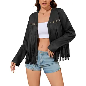 Jacket Women Oversized Fringe Cropped Faux Suede Long Sleeve Coat with Pockets