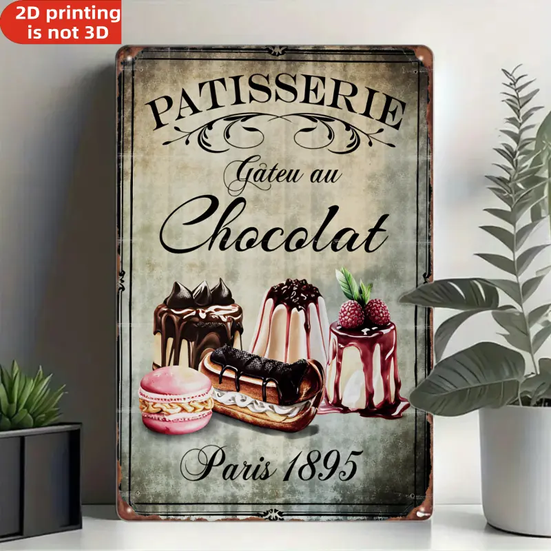Vintage 2D Flat Metal Paris 1895 Sign - Chocolate Cake Design, Sweet Casual Wall Mount Collectible - Rustic Home Balcony Decor, Perfect Gift for Bakers