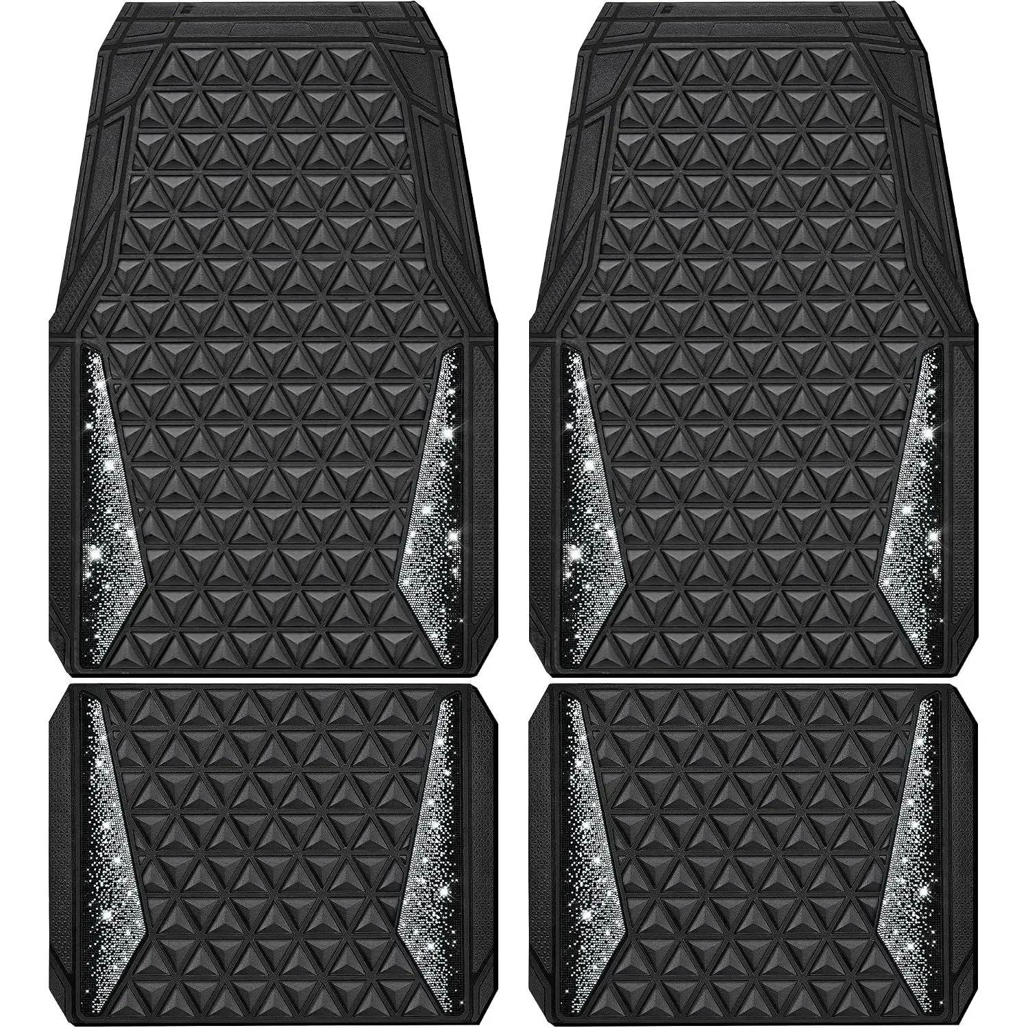 Bling Diamond Car Mats Rubber Floor Mats Full Set 3D Rhombus Waterproof Trim to Fit Liner Universal Glitter Crystal Sparkly Shining Rhinestone Girl Women Sedan Van, Black Silver