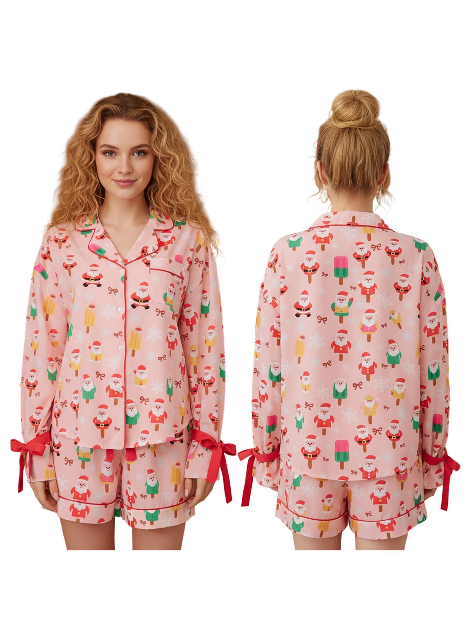 Women Fashion Christmas Pajama Sets Santa Print Tie-up Long Sleeve Button-up Shirts Tops and Elastic Waist Shorts Xmas Sleepwear