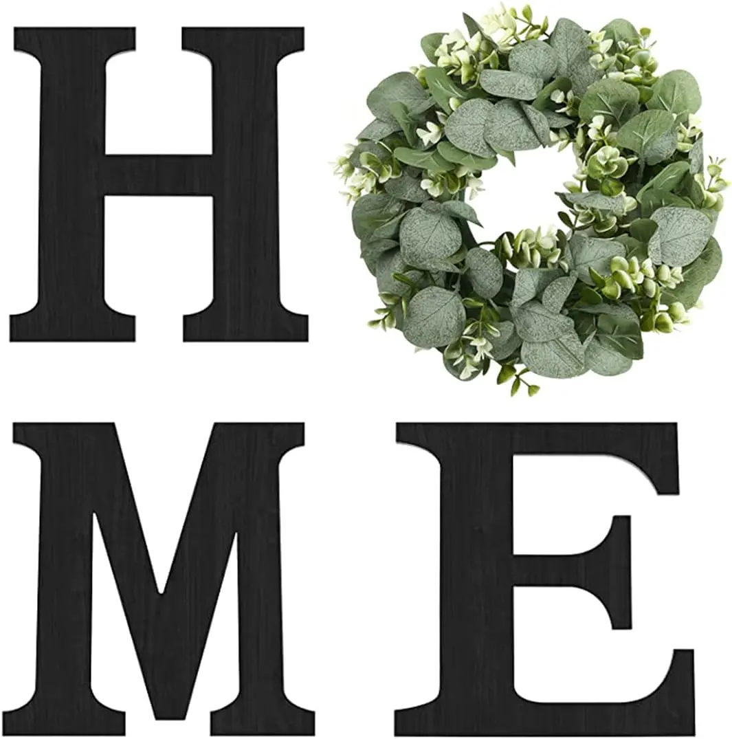 Wood Home Sign with Eucalyptus Wreath for Wall Decor