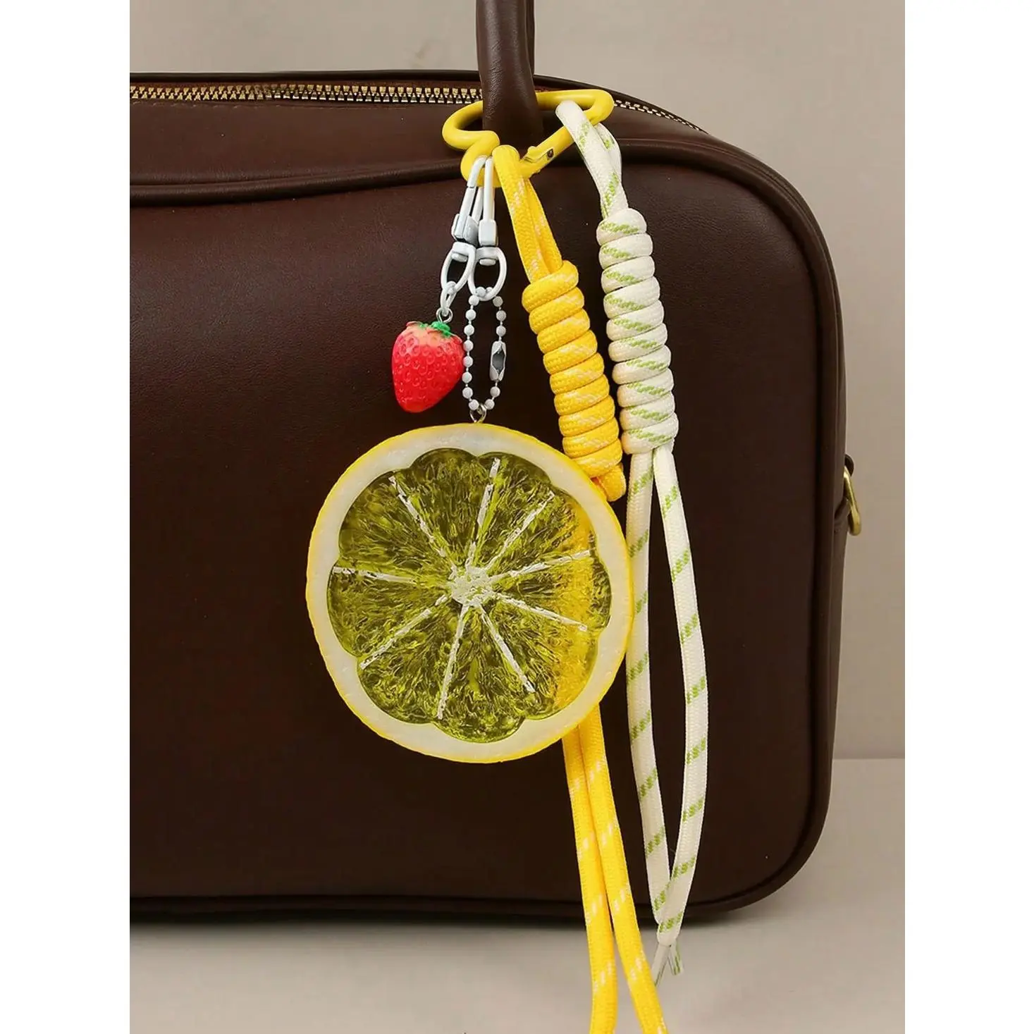 Playful Compact Bag Charm for Handbags - Strawberry Beaded Chain, Lemon Pendant, Woven Design - Aesthetic Accessory for Tote Bags, Backpacks - Adds Personality Without Bulk, Ideal Gift for Cute Accessory Lovers, Anyone Who Loves Cute Accessories