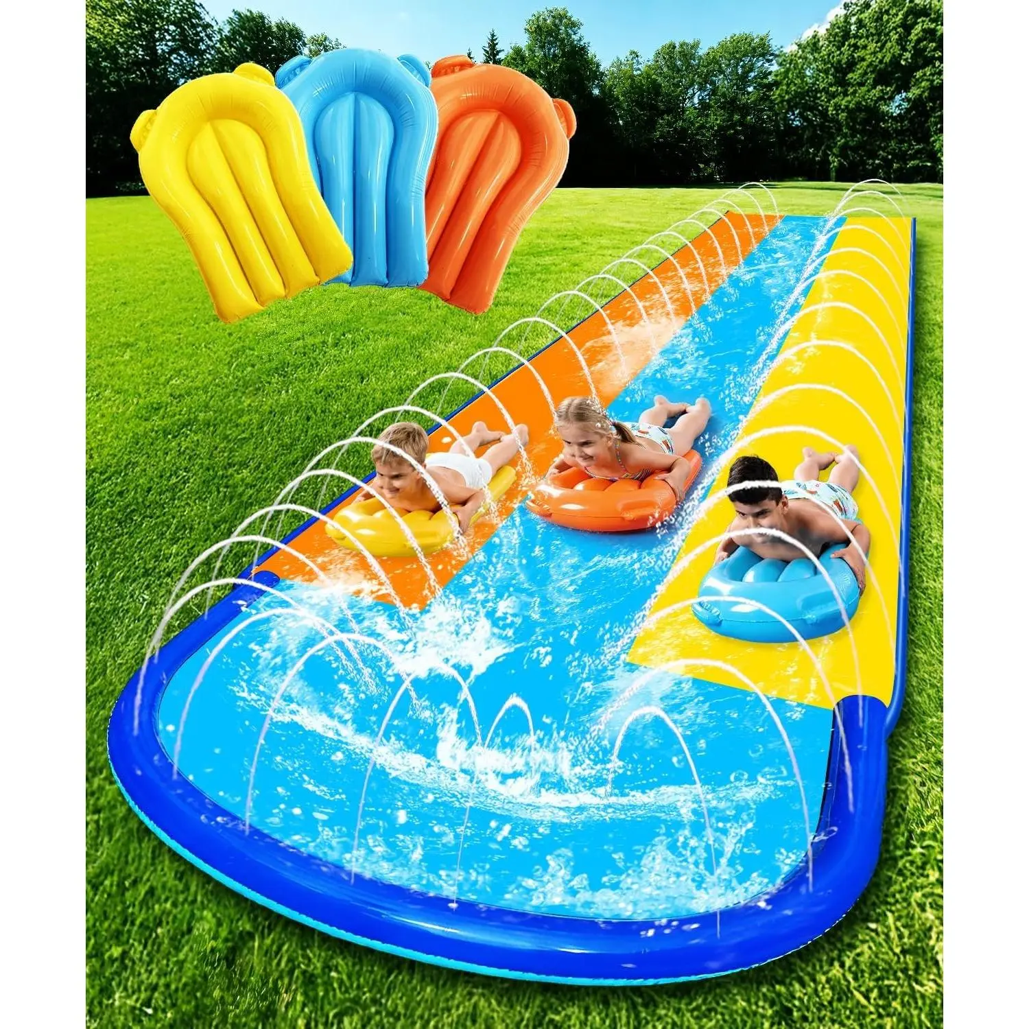 16ft x 82in Extra Long Wide 3-Lane Slip and Slide with 3 Bodyboards, Upgraded Surround Sprinkler System, Thickened PVC Water Slides for Kids Backyard Outdoor Fun