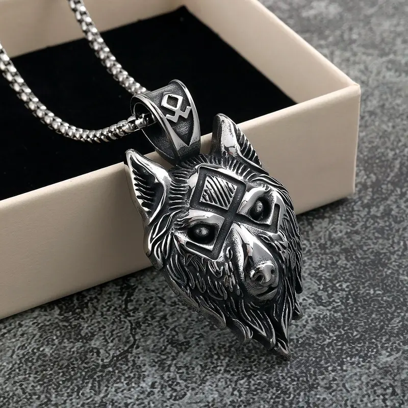 Vintage Stainless Steel Men Pendant Necklace Single‑Sided Viking Symbol Wolf Head Charm Nordic Punk Street Jewelry Gift