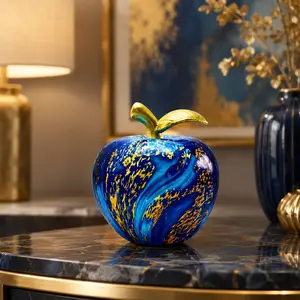 Fluid Blue Gold Apple Resin Ornament, Abstract Marble Pattern, Modern Luxury Living Room Decor, Opening Ceremony Gift, Wealth Attraction