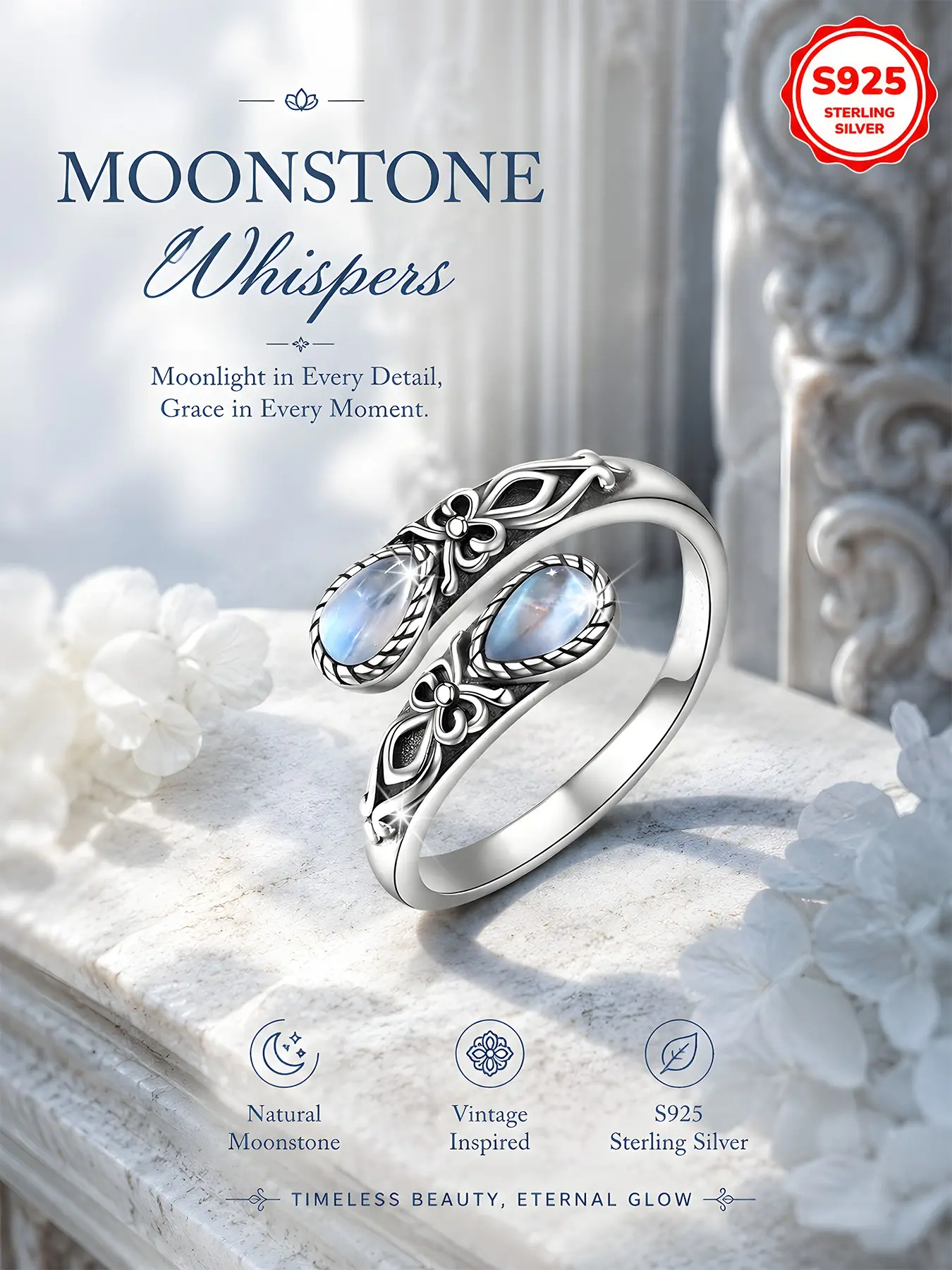 Women's S925 Silver Moonstone Ring, Fashion Rings, Beautiful Rings, Bohemian Style Open Spoon Shape, Casual All-Season Jewelry, Perfect Gift for Friends and Loved Ones