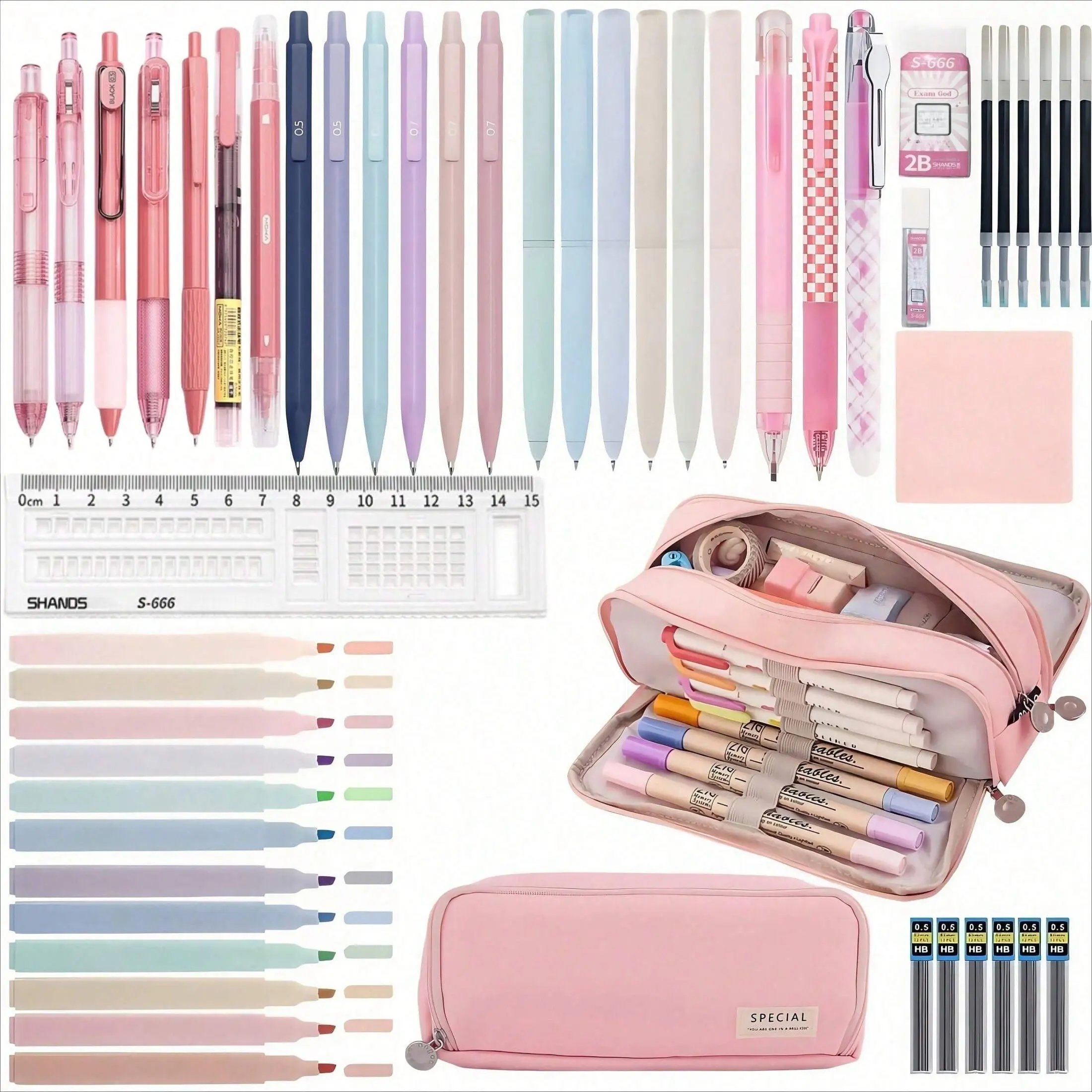 50PCS Morandi stationery set,back to school,Classroom supplies,Large Capacity Pencil Case,8PCS black gel pens,6PCS Morandi 0.5mm mechanical pencil,12PCS Color Pastel Highlighters,sticky note,eraser,ruler,Office School Supplies Gifts for Women Men