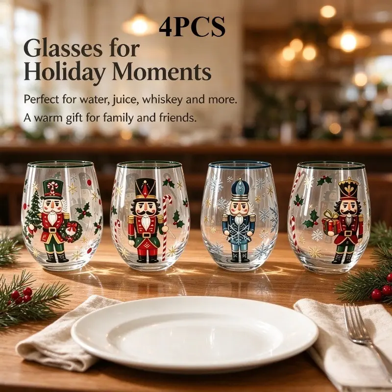 Christmas Nutcracker Stemless Wine Glasses Set of 4, Cute Holiday Drinking Cups, Whiskey Glasses, Xmas Gift for Women, Family Party Barware