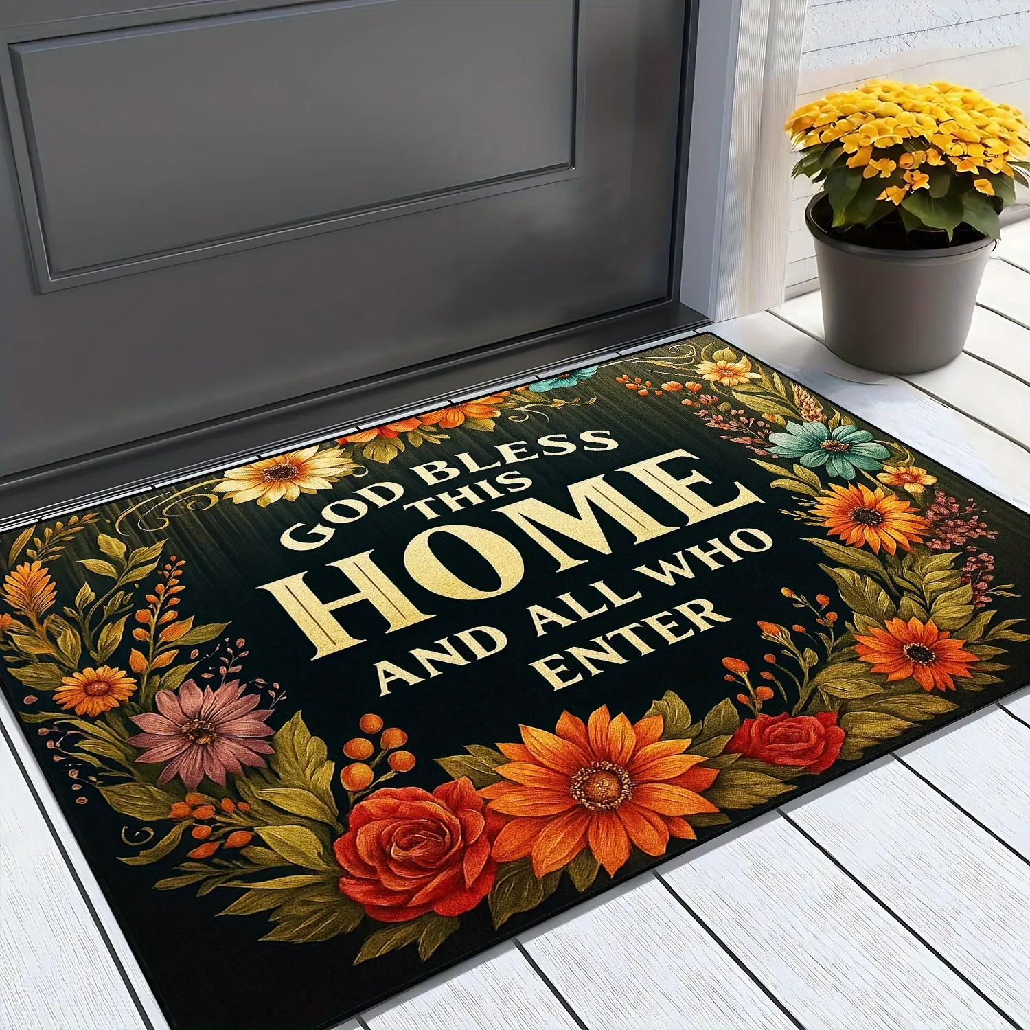 God Bless This Home, Welcome Door Mats - Floral Door Mats with "God Bless This Home", Black & Gold Indoor & Outdoor Mats, Indoor Door Mats, Outdoor Door Mats, Front Door Mats, Home Decoration Mat, Outdoor Entrance Mat