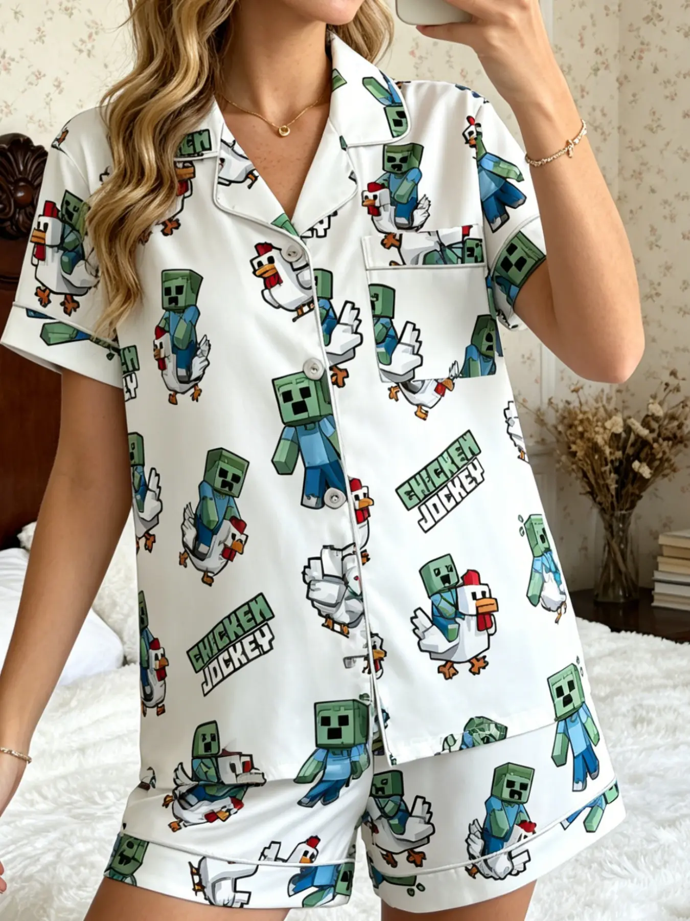 Women's Funny Pajamas Set Loungewear 2026 New Summer White Pixel Zombie & Chicken Print Minecraft Inspired Chicken Jockey Short Sleeve Lapel Button Front Shorts Lightweight Breathable Soft Skin-Friendly Retro Gamer Casual Daily Sleepwear for Women