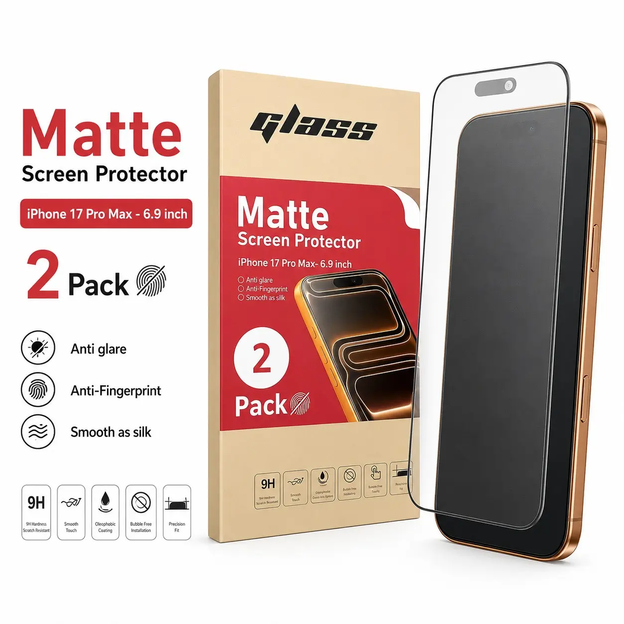 iPhone 17/16/15/14/13/12/11 Pro/promax 2-Pack Matte Tempered Glass Screen Protector, 9h Anti-Scratch, Anti-Glare, Fingerprints, HD Clarity