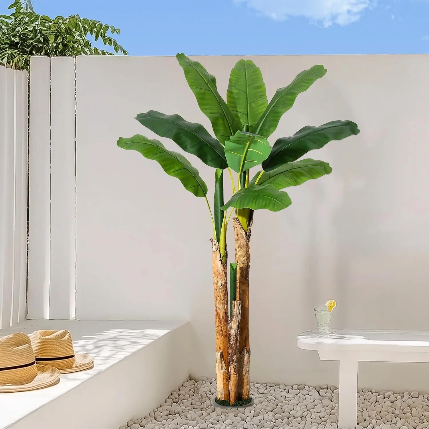 5 ft Faux Banana Tree with Grey Planter 11 Artificial Banana Leaves, Realistic Silk Plant for Home, Office & Indoor Decor