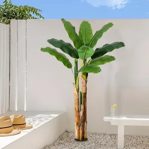 5 ft Faux Banana Tree with Grey Planter 11 Artificial Banana Leaves, Realistic Silk Plant for Home, Office & Indoor Decor
