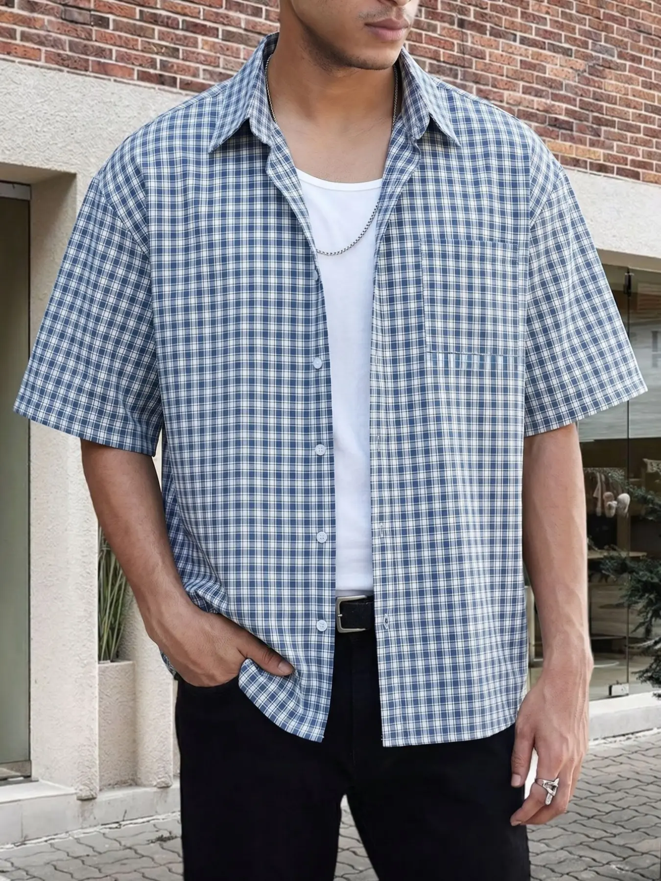 Men's Retro Classic Blue Checkered Short Sleeve Shirt, Casual Vacation Wear, Daily Street Style, Commute Clothing, Holiday Gift