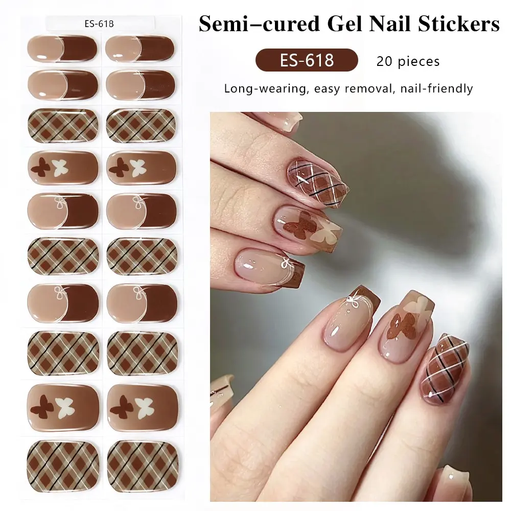 Autumn-Winter Retro Caramel Style Melanoid Butterfly Rhombus Bow Pattern, 20-Pointer Semi-Cured Gel Nail Art Stickers, Gel Nail Strips, UV Lamp Solidification