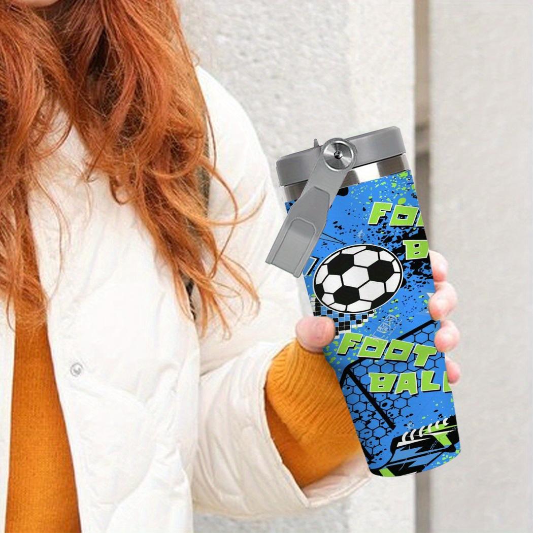 1 30Oz stainless steel football thermos cup with lid and straw, bright football design, large capacity, durable 304 stainless steel, the perfect gift for sports fans, suitable for home, travel, outdoor, summer and winter use