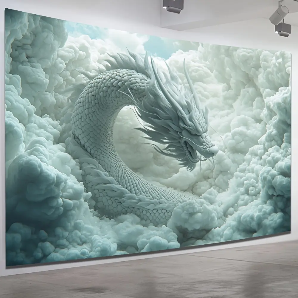 2D Flat, 2D Flat - 2D Flat, 2D Flat - 1pc 2D Flat Banner Featuring a Majestic Dragon Amidst Clouds - A Colorful Polyester Wall Tapestry with Detailed White Dragon Artwork, Ideal for Living Room, Bedroom, Office